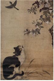 변상벽 묘작도. 나무 아래에서 고양이가 참새를 바라보고 있다. 동경국립박물관