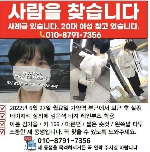 실종된 김가을 씨 가족이 만든 실종 전단.