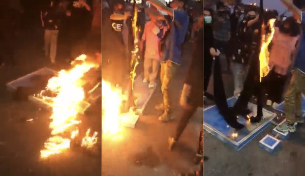 이란에서 시위자들이 히잡을 벗고 불에 태우는 등 시위를 이어가고 있다. 트위터 갈무리. 
