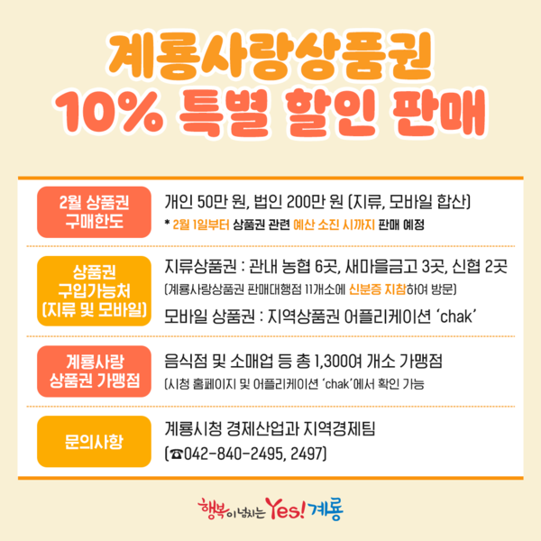 계룡시가 2월 한 달간 계룡사랑상품권의 10% 특별할인을 시작한다.(계룡시 제공)