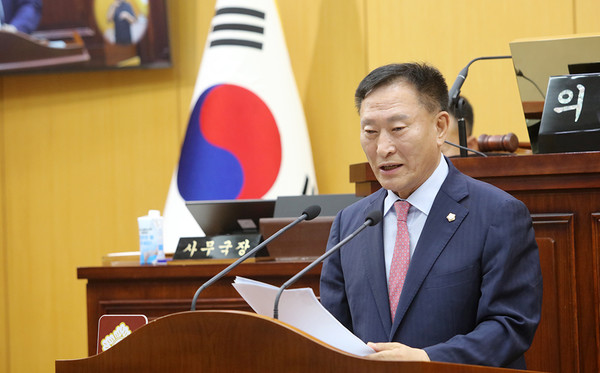 강문수 서산시의회 의원, 제307회 임시회 제1차 본회의 5분 자유발언 모습(사진제공= 의회)