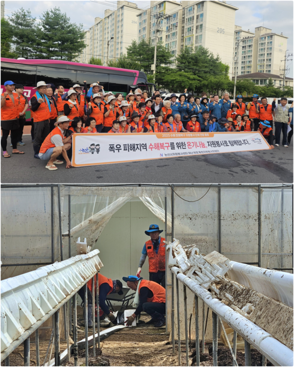 논산시 자원봉사센터 소속 자원봉사자들이 홍성 지역 호우 피해 농가를 찾아 봉사활동을 진행했다.(사진제공=논산시)