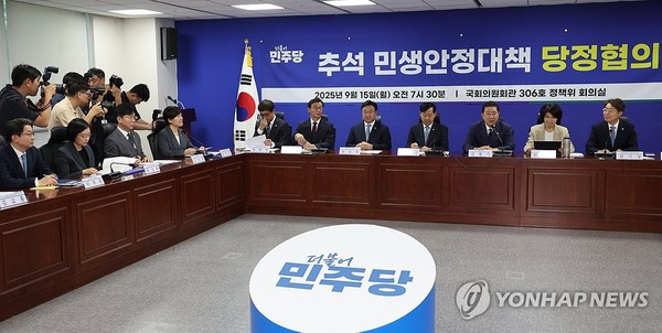 더불어민주당 김병기 원내대표가 15일 서울 여의도 국회에서 열린 '추석 민생안정대책 당정협의'에서 발언하고 있다.(사진제공=연합뉴스) 