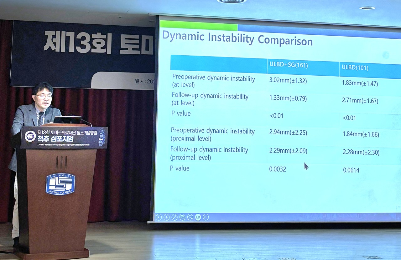 양방향척추내시경수술과 나사못 이용 척추체 고정술 시 유연한 로드를 이용한 동적 고정술을 발표하는 박정훈 진료원장. (사진제공=대전우리병원)