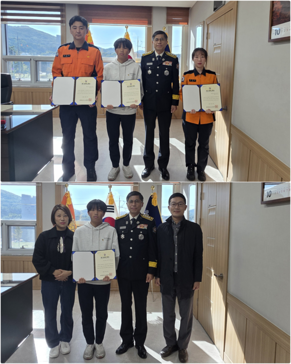 28일 열린 하트세이버 인증서 수여식에서 아버지의 심정지 상태를 응급처치한 성하랑 학생이 화재가 됐다(사진제공=계룡소방서)