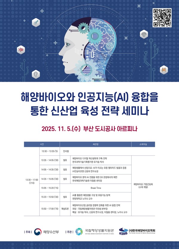 해양수산부가 주최하고, 국립해양생물자원관(이하 자원관)이 주관하는 “해양바이오와 인공지능(AI) 융합을 통한 신산업 육성 전략 세미나(이하 세미나)”가 오는 11월 5일(수) 부산에서 열린다.(사진제공=국립해양생물자원관)