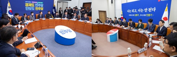 최고위원회의 시작하는 더불어민주당 정청래 대표(왼쪽)와 최고위원회의에서 발언하는 국민의힘 장동혁 대표.[사진=연합뉴스]