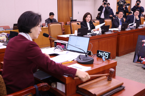 6일 서울 여의도 국회에서 열린 법제사법위원회 전체회의에서 추미애 위원장이 의사봉을 두드리고 있다. [사진=연합뉴스]