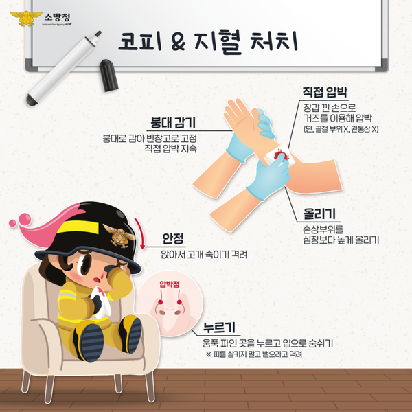 계룡소방서가 일상생활에서 흔히 겪는 비출혈과 손 부위 출혈에 대한 신속하고 정확한 응급처치 요령을 홍보하고 나섰다(사진제공=계룡소방서)
