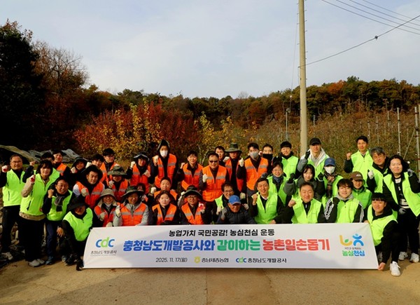 충남세종농협, NH농협은행 충남본부, 고덕농협, 충남개발공사는 17일 예산군 고덕면 사과재배농가를 방문해 ‘농심천심 수확철 합동농촌일손돕기’를 실시했다고 밝혔다. (사진제공=충남세종농협)