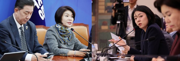 국회에서 열린 정책조정회의에서 발언하고 있는 더불어민주당 한정애 정책위의장(왼쪽)과 국회에서 열린 2025년도 국가유산청 등에 대한 문화체육관광위원회 국정감사에서 질의를 하고 있는 국민의힘 배현진 의원. [사진=연합뉴스]