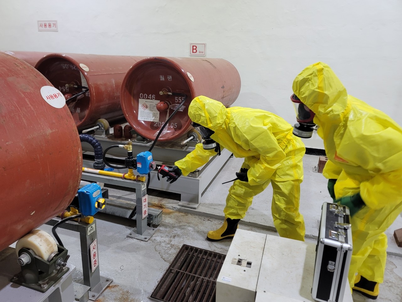 월평정수사업소 염소가스 누출 모의훈련 모습.(사진제공=대전시 상수도사업본부)