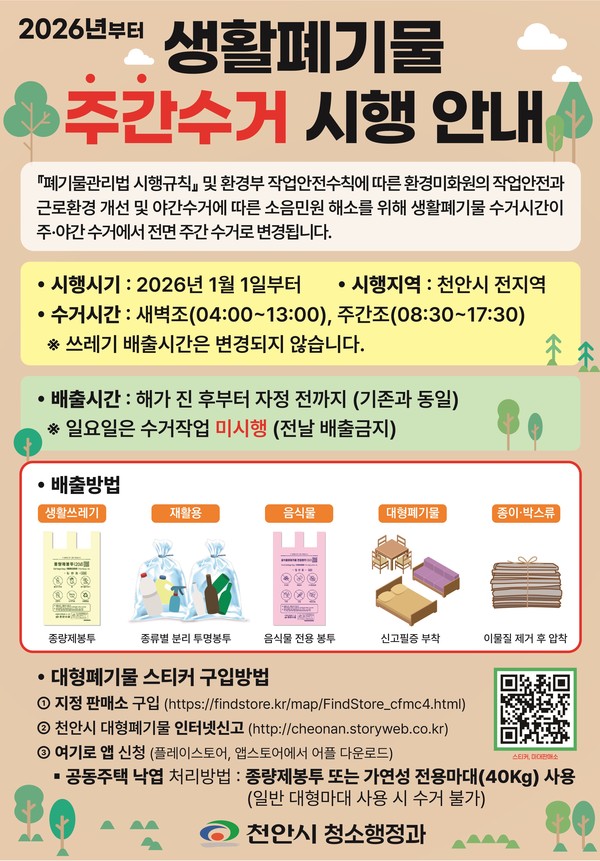 생활폐기물 주간 수거 홍보문.(사진제공=천안시)
